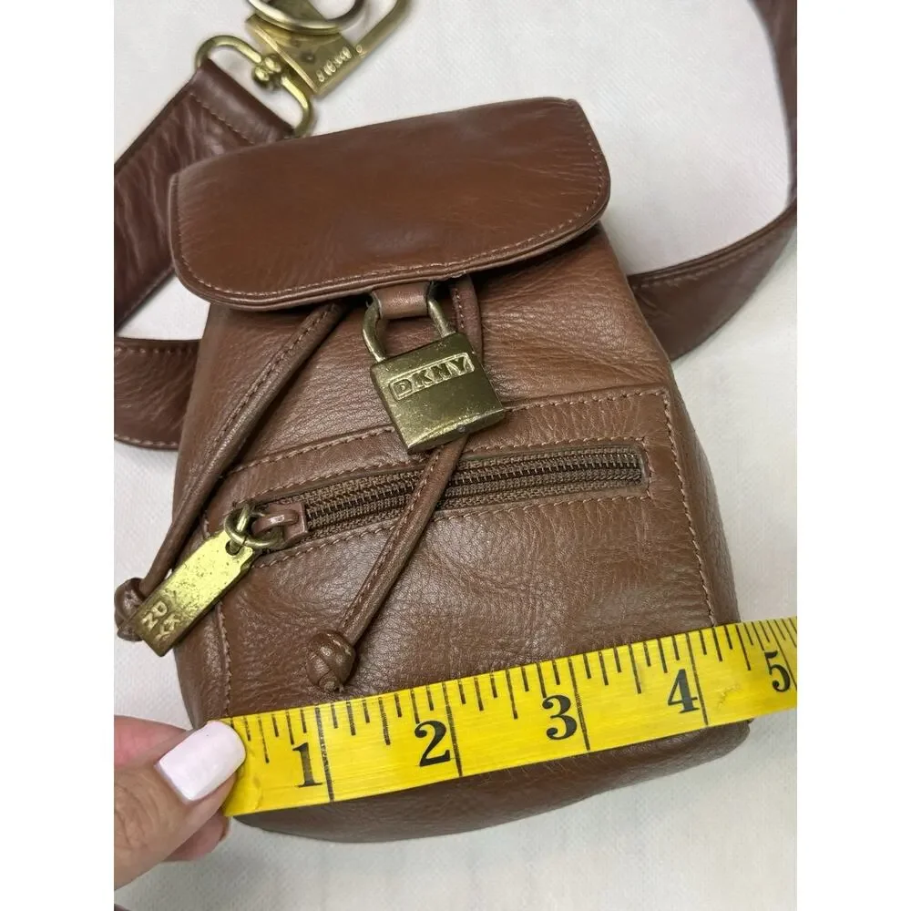 DKNY Donna Karan New York Y2K Vintage Brown Leather Mini Backpack Waist Belt